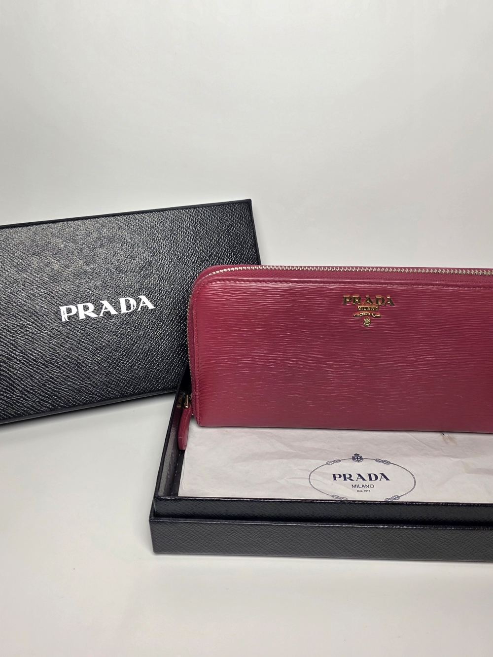 Prada Fuchsia Saffiano Leather Long Zip Wallet W/ Box